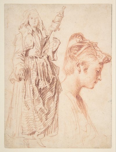 Standing Woman Holding a Spindle and Head of a Woman in Profile to Right by Jean Antoine Watteau